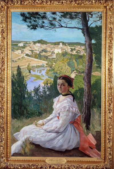 Dorpzicht Jong meisje poserend in een landschap van de Provence door John Clayton Adams