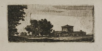Bomen en gebouwen met lage toren door John Clerk of Eldin