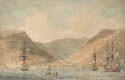 Uitzicht op Jamestown, St. Helena, vanaf de zee met schepen door John Cleveley the Younger