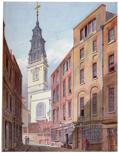 Kerk van St. Michael, Crooked Lane en een deel van Crooked Lane, City of London, ca. 1815 door John Coney