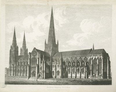 Lichfield Cathedral - Zuidoostaanzicht (gravure) door John Coney