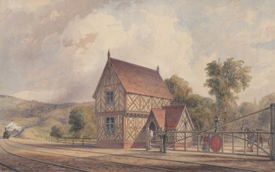 Tudorstijl landelijk treinstation en spoorwegovergang, 1844-77 door John Connell Ogle