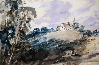 Een huisje op een hoge oever door John Constable