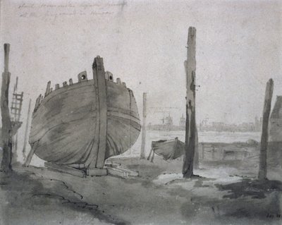 Een rivierscène met schip bij zonsondergang door John Constable