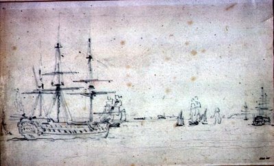 Een schip voor anker en andere schepen in de Theems door John Constable