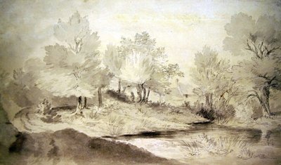 Een vijver in Suffolk, met huisjes in de verte door John Constable