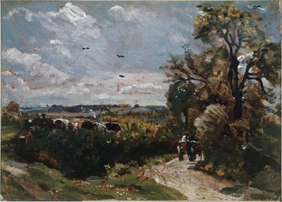 Een kar op de weg van Flatford door John Constable