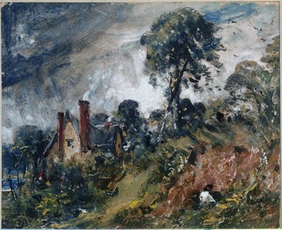 Een huisje tussen bomen, met een zandbank door John Constable