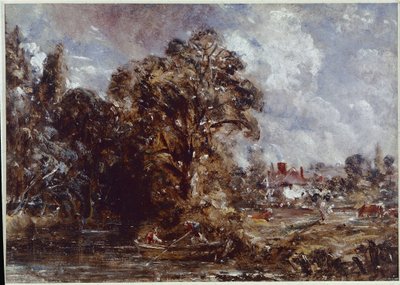 Een rivierscène, met een boerderij aan de waterkant door John Constable