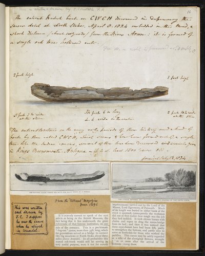 Oudheden: Tekening van oude Britse kano ontdekt (1824) in North Stoke door John Constable