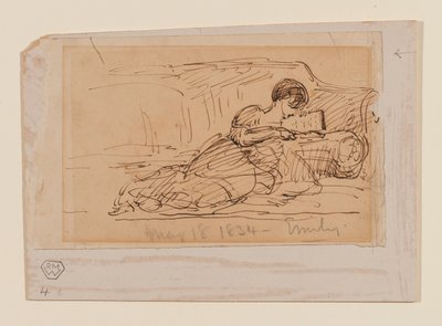Dochter van de kunstenaar, Emily, liggend op een bank lezend, 18 mei 1834 door John Constable
