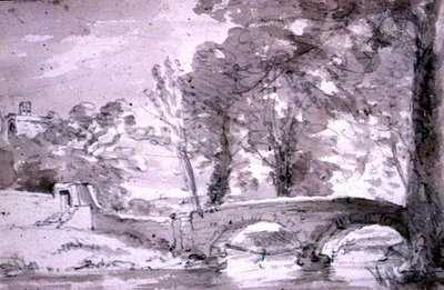 Brug met bomen en gebouwen, bij Haddon door John Constable