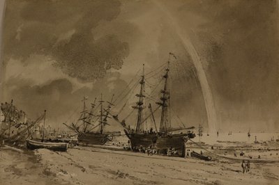 Brighton Beach met een regenboog: Colliers lossen, ca. 1792 door John Constable