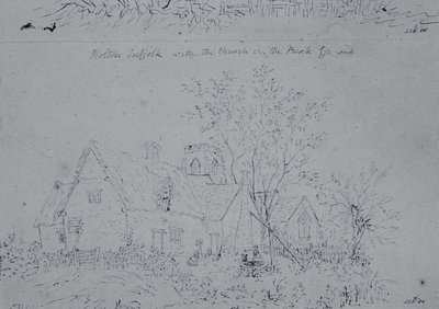 Cottage in Holton met de kerk op de achtergrond door John Constable