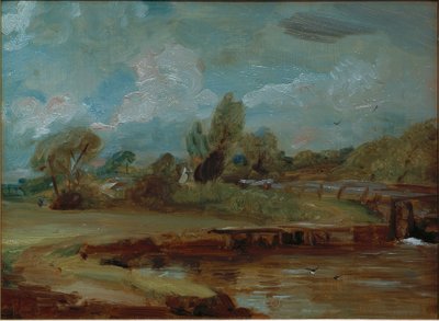 De sluis van Flatford, gezien vanaf een pad aan de rivier door John Constable