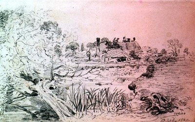 Boerderijgebouwen en brug bij Salisbury door John Constable