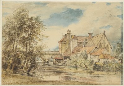 Oude Huizen op Harnam Brug, Salisbury met het Oude Ziekenhuis van Sint Nicolaas, 1827 door John Constable