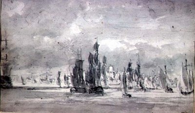 Schepen onder een bewolkte hemel in de Theems door John Constable