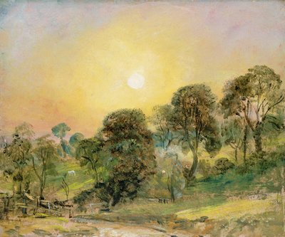 Bomen op Hampstead Heath bij zonsondergang door John Constable