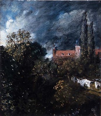 Uitzicht in een tuin met een rood huis op de achtergrond door John Constable