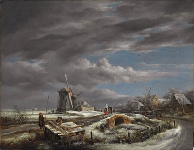 Winterlandschap met Figuren op een Pad, een Voetbrug en Windmolens Verderop door John Constable