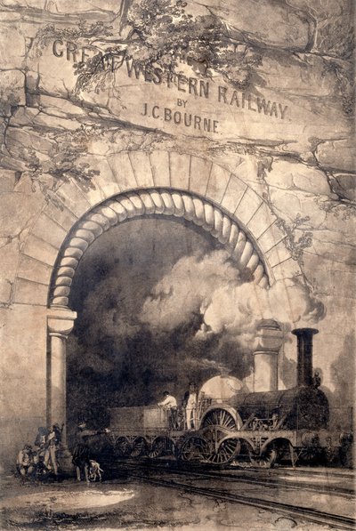 Acheron 2-2-2 locomotief die uit een tunnel bij Bristol komt, frontispice van The History and Description of the Great Western Railway, 1846 door John Cooke Bourne