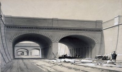 Uitzicht nabij Euston Station met drie overbruggingen, september 1837 door John Cooke Bourne