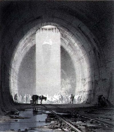 Werkende Schacht, Kilsby Tunnel, 8 juli 1837, gegraveerd door de kunstenaar door John Cooke Bourne