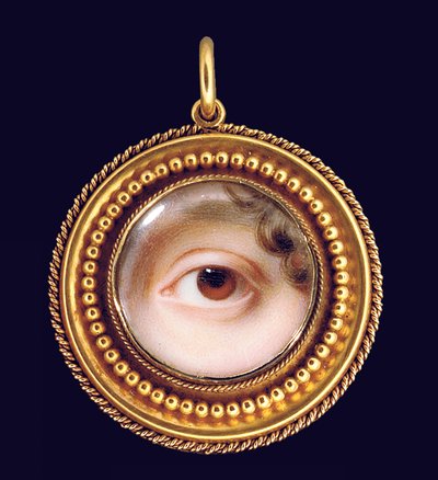 Het linkeroog van de zus van de kunstenaar, Mary Cox Dillman Engleheart, later Mrs. John Pyne, bruine iris met krullende lok bruin haar door John Cox Dillman Engleheart
