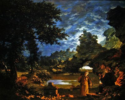 Monniken met een lantaarn in een rotsachtig maanverlicht landschap door John Cranch