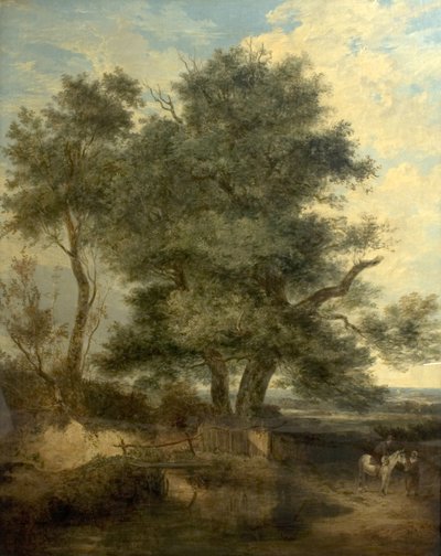Bomen bij een beek (De Wilg, een Ruiter en een Vrouw op een Weg), c.1818 door John Crome