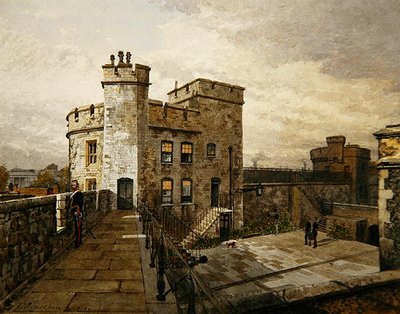 Uitzicht op Devereux Tower, Tower of London, met figuren in militaire kleding door John Crowther