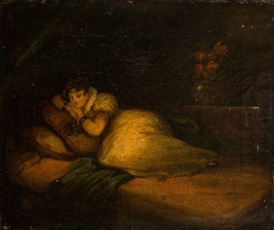 Interieur met vrouw op een bed door John Daniel Bond