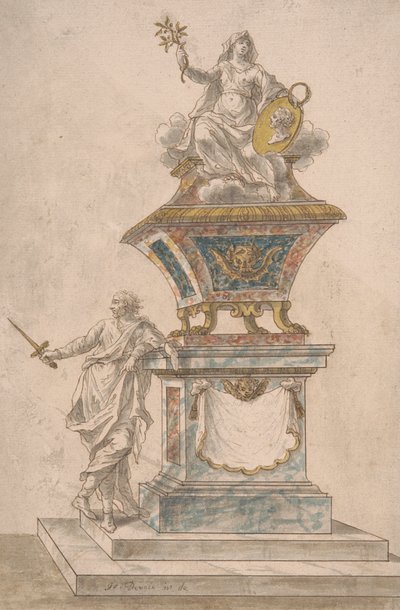 Monument: Vrede zittend op een urn, een man met getrokken zwaard staand op de basis van het monument door John Devoto