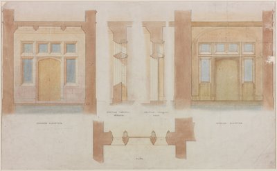 Elevatie, sectie en plan van de hoofdingang van Holme Eden door John Dobson
