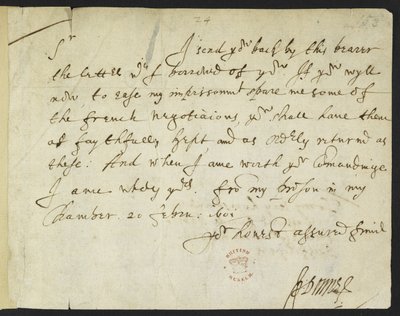 Autograaf brief van John Donne aan Sir Robert Cotton, geschreven vanuit de gevangenis, 20 februari 1601 door John Donne