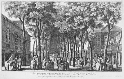 Een uitzicht op het Orkest met de Muziekkapel, de Grote Wandelgang in Marybone Gardens door John Donowell