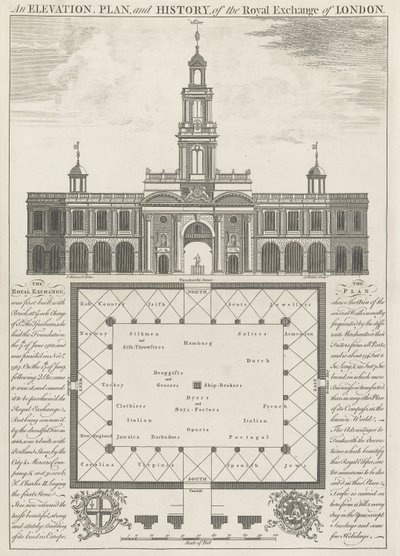 Een Elevatie, Plan en Geschiedenis van de Royal Exchange van Londen door John Donowell