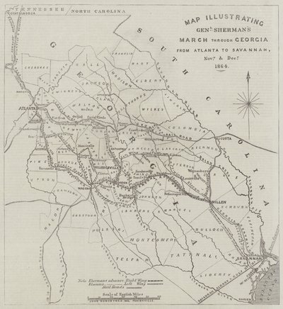 Kaart die de mars van generaal Sherman door Georgia van Atlanta naar Savannah illustreert, november en december 1864 door John Dower