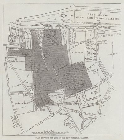 Plan met de locatie van de nieuwe nationale galerij door John Dower