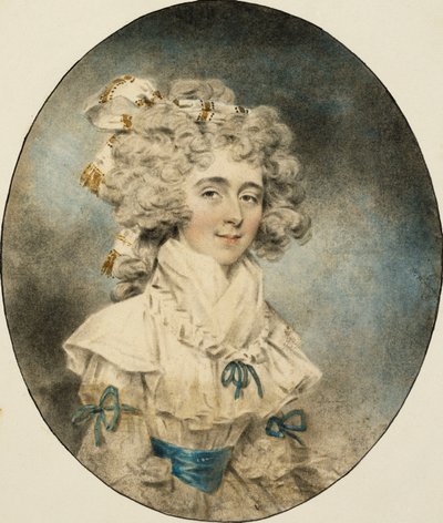 Portret van mevrouw Fisher, halve lengte, in een witte jurk versierd met blauwe linten, 1788 door John Dowman