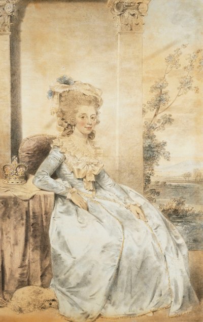 Portret van koningin Charlotte, zittend aan een tafel met een landschap op de achtergrond, 1784 door John Dowman