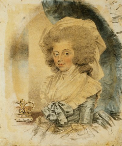 Portret van koningin Charlotte, kleine halve lengte, gekleed in een blauwe en witte jurk, haar kroon naast haar, 1787 door John Dowman