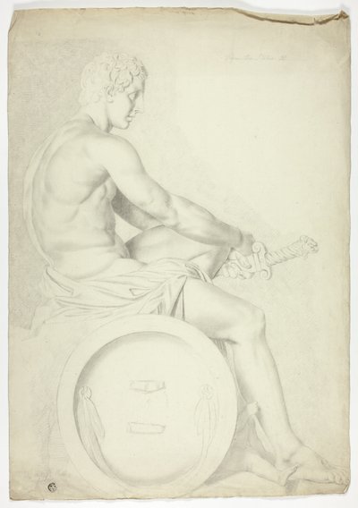 Na antiek beeldhouwwerk van zittende figuur met zwaard door John Downman