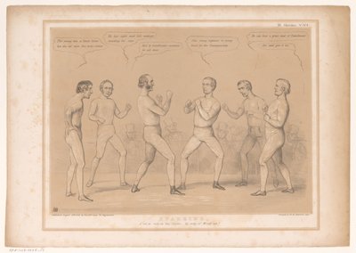 Spotprent met Lord Bentinck en Lord Lyndhurst in een bokswedstrijd door John Doyle