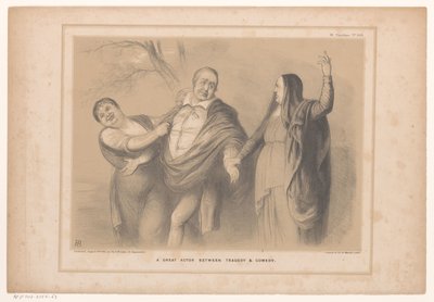 Spotprent met premier Peel tussen tragedie en komedie (title on object: A great actor between tragedy & comedy, series title: HB Sketches) door John Doyle