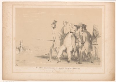 Spotprent met zeven mannen die met een speer een haas aanvallen door John Doyle