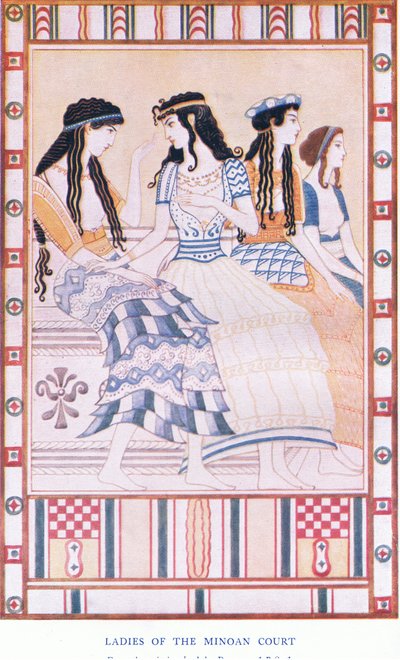 Dames van het Minoïsche hof, illustratie uit Myths of Crete and Pre-Hellenic Europe uitgegeven door de Gresham Publishing Company Limited 1920