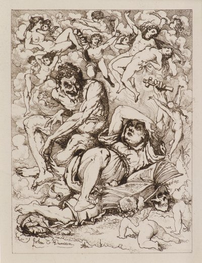 Liggende Figuur met Kruis, de Duivel Zittend nabij Omringd door Zwevende Figuren door John Duncan
