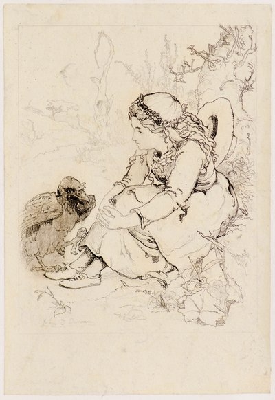 Zittend meisje en grote vogel door John Duncan